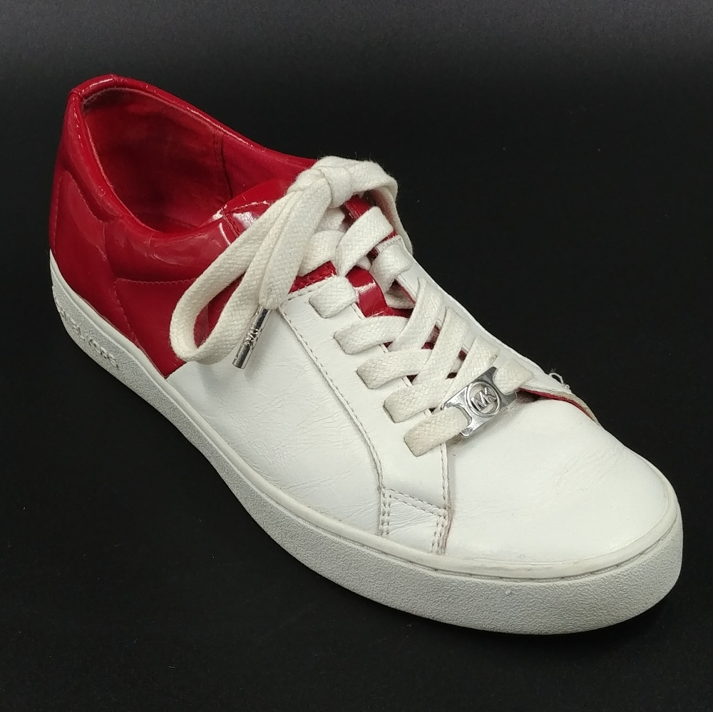 MK Michael Kors Toby Lace Up White & Red Leather Sneakers Shoes SZ 8M Fits Small